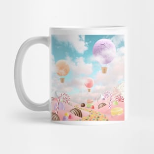 Sweets wonderworld landscape. Magic fairytale children illustration. Fantasy Hot Air Balloons on candy landscape Mug